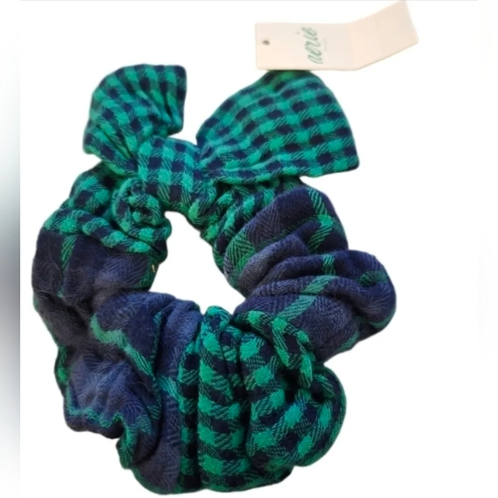 Aerie Green and Blue Plaid Checkered Scrunchie With Bow
